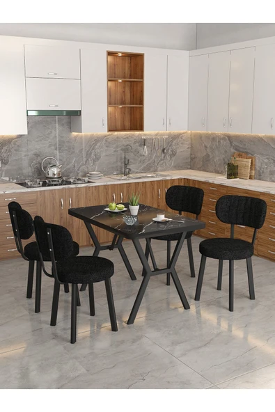 Azra 70x110cm Bendir Mutfak Masası, Mutfak Masası Takımı, Yemek Masası, 4 Siyah Sandalye - 2