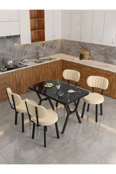 Azra 70x110cm Bendir Mutfak Masası, Mutfak Masası Takımı, Yemek Masası, 4 Krem Sandalye - 2