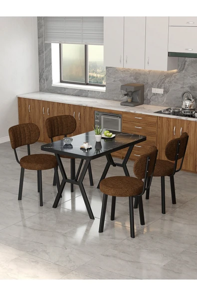 Azra 70x110cm Bendir Mutfak Masası, Mutfak Masası Takımı, Yemek Masası, 4 Kahverengi Sandalye