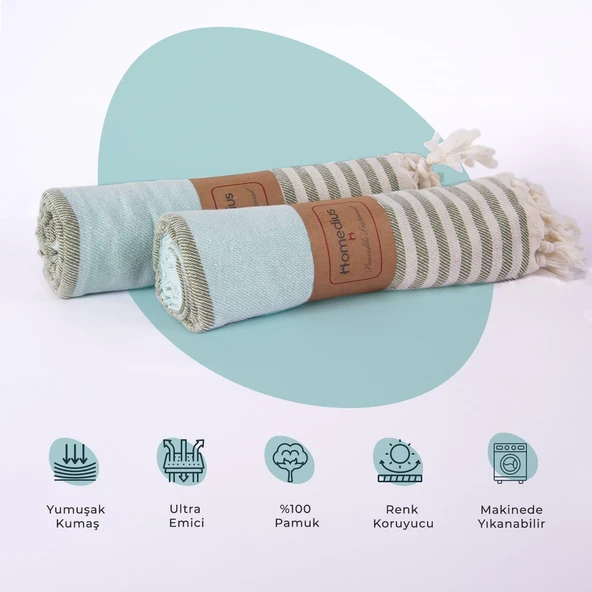 Homedius Pamuk Yeşil American Desenli Püsküllü Peştamal 2'li - 100x180 cm