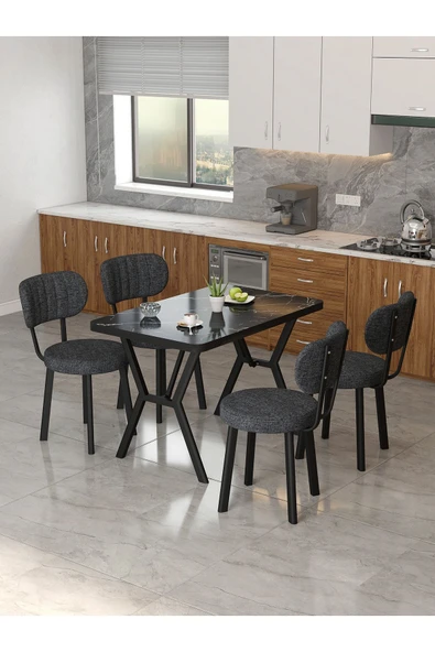 Azra 70x110cm Bendir Mutfak Masası, Mutfak Masası Takımı, Yemek Masası, 4 Antrasit Sandalye