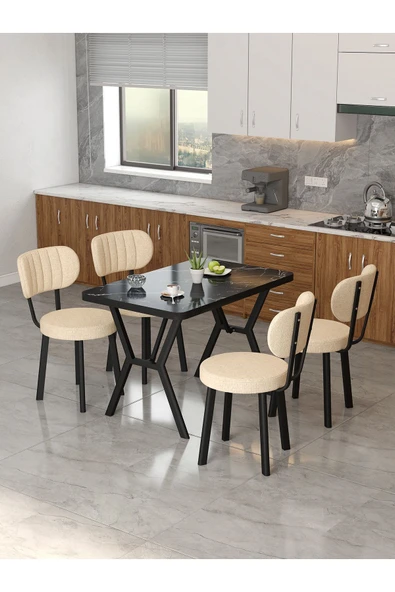 Azra 70x110cm Bendir Mutfak Masası, Mutfak Masası Takımı, Yemek Masası, 4 Krem Sandalye
