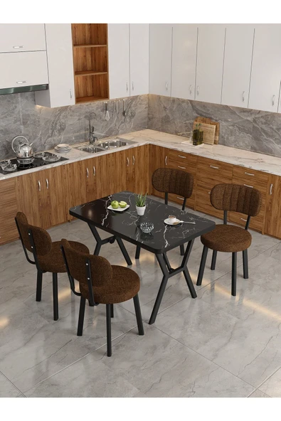 Azra 70x110cm Bendir Mutfak Masası, Mutfak Masası Takımı, Yemek Masası, 4 Kahverengi Sandalye - 3
