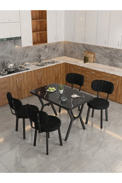 Azra 70x110cm Bendir Mutfak Masası, Mutfak Masası Takımı, Yemek Masası, 4 Siyah Sandalye - 3