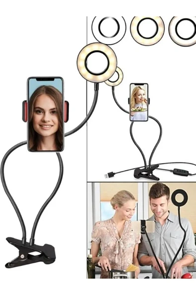 Youtuber Led Tripod 3 Renk Işıklı Telefon Tutucu Kıskaçlı Masa Lambası Işık Ayarı Esnek Bacak B55 - 4