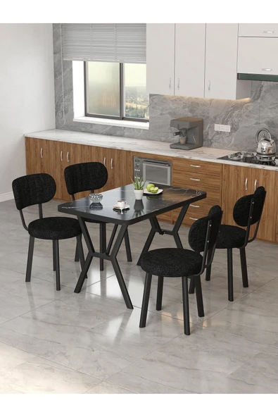 Azra 70x110cm Bendir Mutfak Masası, Mutfak Masası Takımı, Yemek Masası, 4 Siyah Sandalye
