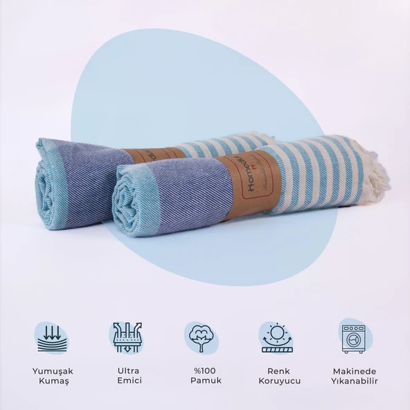 Homedius Pamuk Turkuaz American Desenli Püsküllü Peştamal 2'li - 100x180 cm