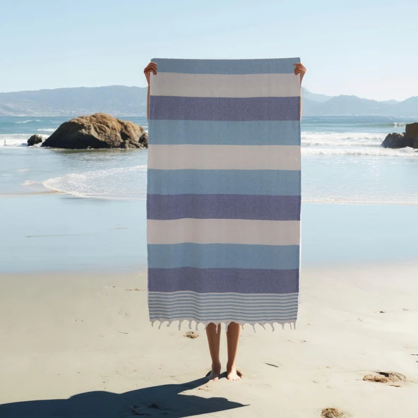 Homedius Pamuk Turkuaz American Desenli Püsküllü Peştamal 2'li - 100x180 cm - 2