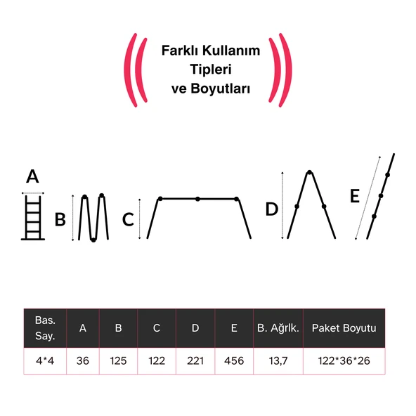 Endokon 4,56 Metre - 16 Basamaklı Katlanır Akrobat Merdiven - Büyük Menteşe - Kalın Profil - 6