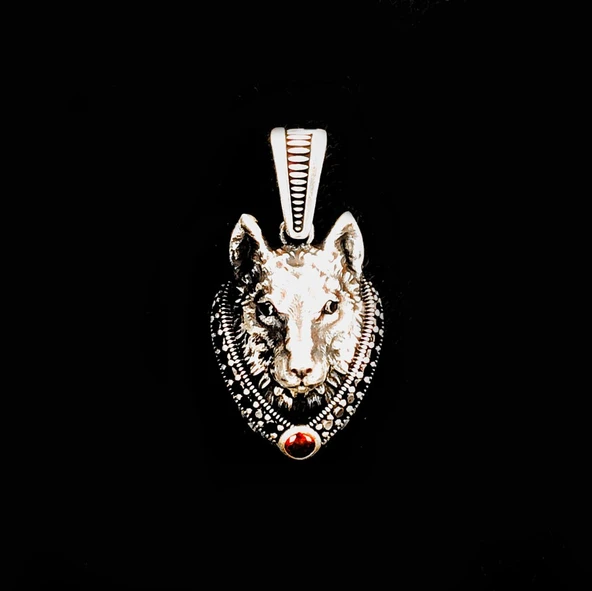 925 Ayar Gümüş Kurt Kafası Kolye Ucu - Resim 2