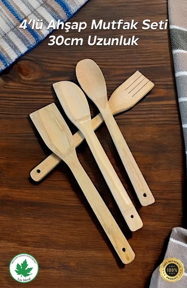 4'lü Tahta Yemek Gereçleri - 4 Boy Tahta Kaşık - Tahta Kaşık (28 Cm.-28 Cm.-32cm.)