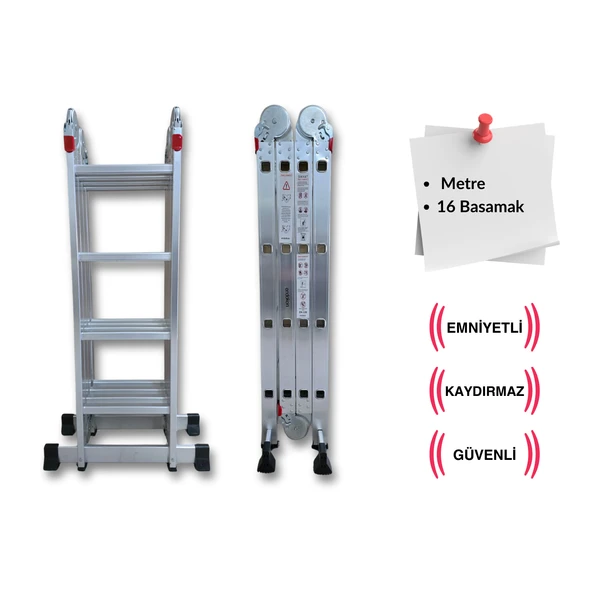 Endokon 4,56 Metre - 16  Basamaklı Katlanır Akrobat Merdiven - Büyük Menteşe - Kalın Profil