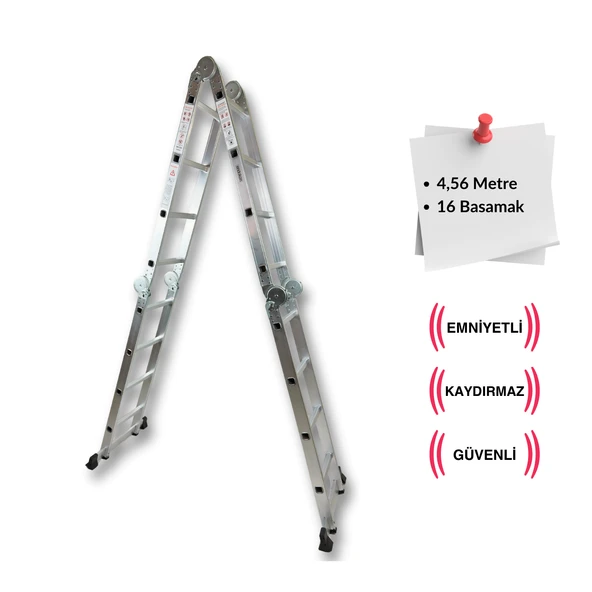 Endokon 4,56 Metre - 16 Basamaklı Katlanır Akrobat Merdiven - Büyük Menteşe - Kalın Profil - 3