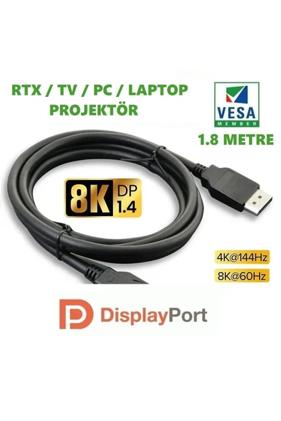 8k Displayport Dp Kablo 1080p@ 360hz, 2k@ 240hz, 4k@ 144hz, 8k@ 60hz V1.4 Sinema \ Oyuncu