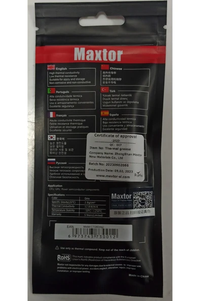 5 Adet Ctg8d Yüksek Kaliteli Maxtor Termal Macun Soğutucu 4gr 12.8 W/mk Üretim Tarihi : 02.09.2023 - 2