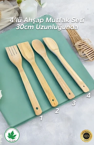 4'lü Tahta Yemek Gereçleri - 4 Boy Tahta Kaşık - Tahta Kaşık (28 Cm.-28 Cm.-32cm.) - 2