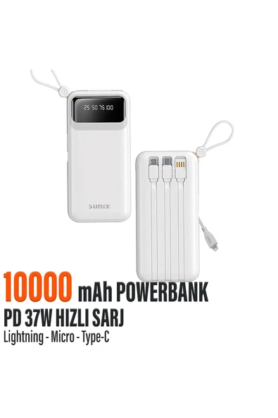 Hızlı Şarj Powerbank Type-C 37W 10000mAh Kendinden Kablolu Powerbank HIZLI