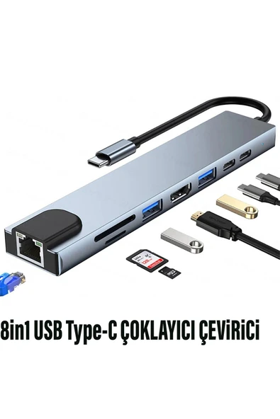 8in1 USB Type-C Hub Çoklayıcı Tablet Bilgisayar Telefon Port Adaptör HDMI USB Ethernet PD Girişli ürün görseli