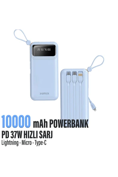 Hızlı Şarj Powerbank Type-C 37W 10000mAh Kendinden Kablolu Powerbank HIZLI