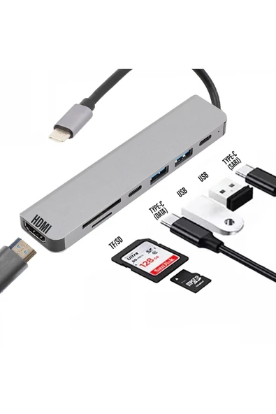 7in1 Type-C HDMI Çevirici Hub Çoklayıcı Tablet-PC-Telefon-TV Adaptör HDMI 4K/USB/TF/SD/TYPEC Giriş - 2
