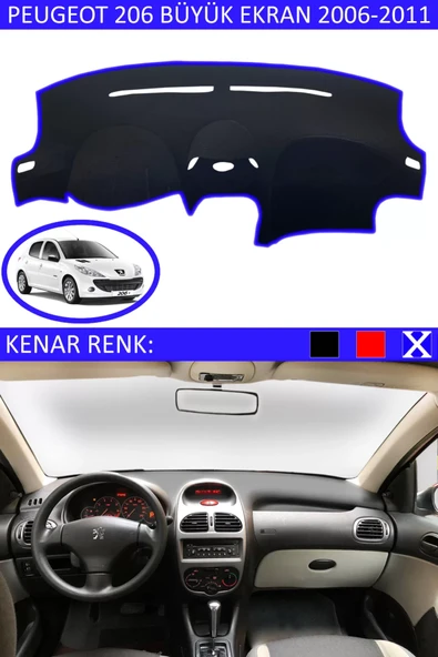 Torpido Koruma Halısı Siyah Kenar Renk Mavi Peugeot 206 2006-2011 ile Uyumlu