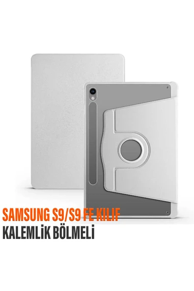 Samsung Galaxy Tab S9/S9FE Uyumlu Dönebilen Kalem Bölmeli Arkası Şeffaf Kılıf