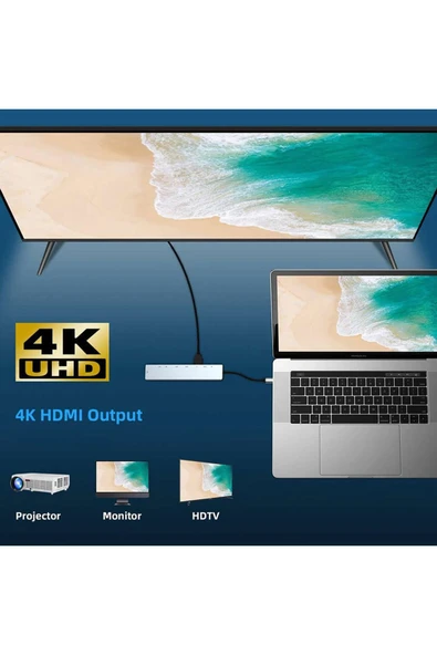 8in1 USB Type-C Hub Çoklayıcı Tablet Bilgisayar Telefon Port Adaptör HDMI USB Ethernet PD Girişli - 6