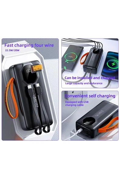 50.000 mAh Hızlı Şarj PD 22.5W Taşıma Askılı  Powerbank 4x USB 2x Type-C Kendinden Kablolu Powerbank - 5