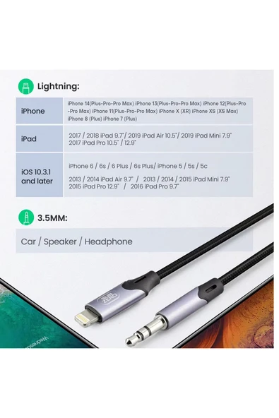iPhone 14-PLUS-PRO-PRO MAX Uyumlu Metal Başlık AUX Ses Dönüştürücüsü Hasır Lightning Çevirici - 2
