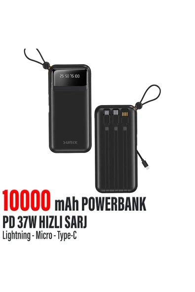 Hızlı Şarj Powerbank Type-C 37W 10000mAh Kendinden Kablolu Powerbank HIZLI