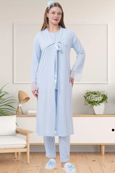 Mecit 1541 Bayan Hamile Lohusa Mavi Uzun Sabahlıklı Pijama Takımı