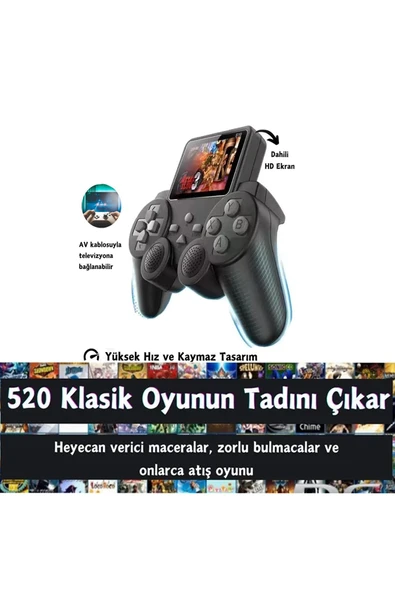 Kablosuz Retro Video Oyun Konsolu Atari 520 Oyunlu Media Player Medya Oynatıcı - Resim 2