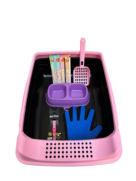 ELEKLİ AÇIK KEDİ TUVALET SET-9 PARÇA-PEMBE