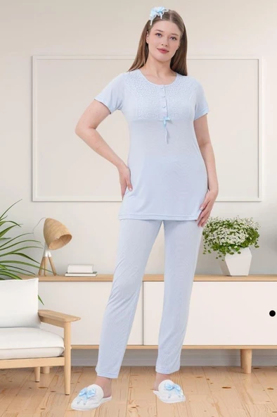 Mecit 1541 Bayan Hamile Lohusa Mavi Uzun Sabahlıklı Pijama Takımı - 4