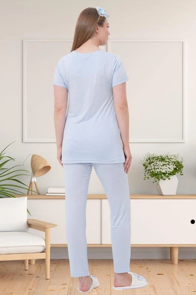 Mecit 1541 Bayan Hamile Lohusa Mavi Uzun Sabahlıklı Pijama Takımı - 3