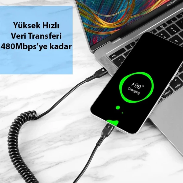 Polham 3A 60W Spiral Type C to Type C Şarj ve Data Kablosu,1-1,5 Metre Kısayıp Uzayabilen Elastik Kablo - 4