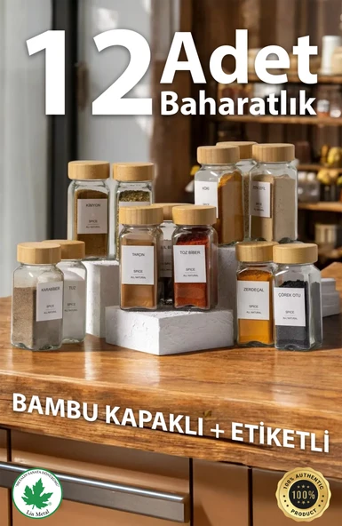 Cam Baharatlık 12'li SET Bambu Kapaklı