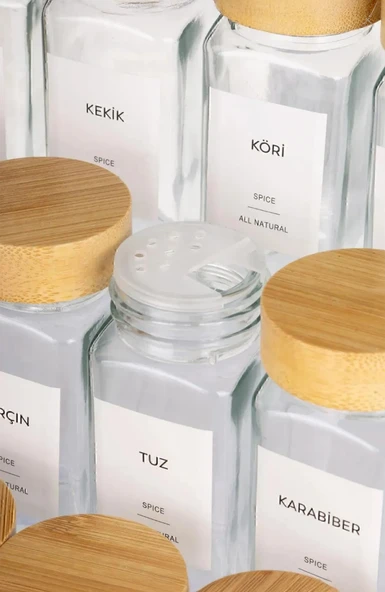 Cam Baharatlık 12'li SET Bambu Kapaklı - 7