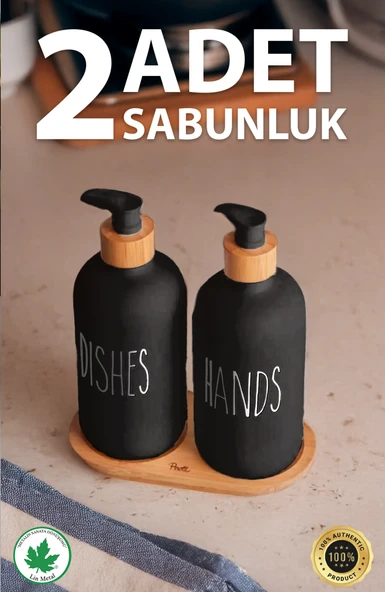 2’li Siyah-Beyaz Mutfak Sıvı Sabunluk Seti 500ml 500ml Bambu Tepsili Oval - 8