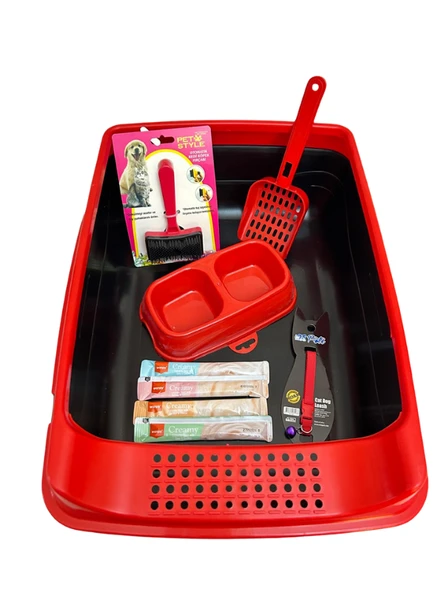 Elekli Açık Kedi Tuvalet Seti -  9 Parça - KIRMIZI