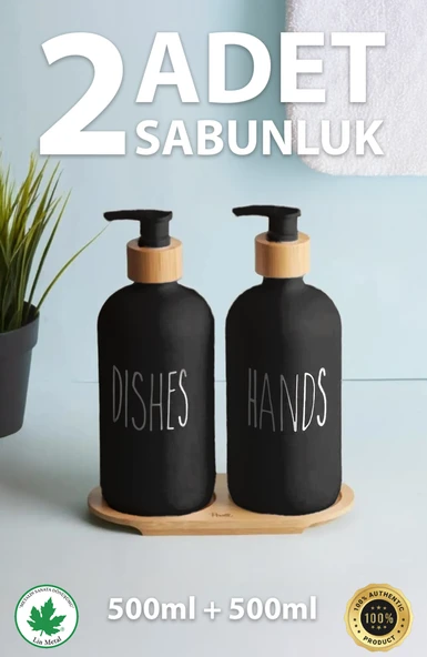 2’li Siyah-Beyaz Mutfak Sıvı Sabunluk Seti 500ml 500ml Bambu Tepsili Oval - 5