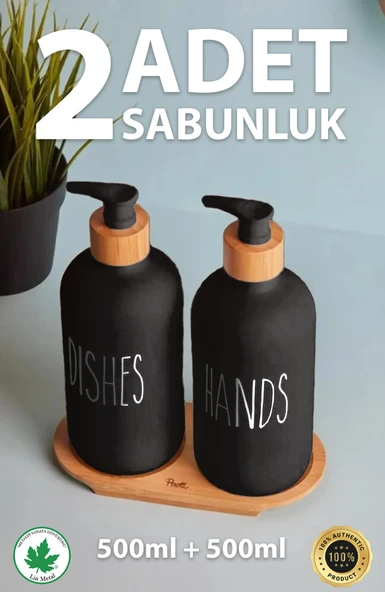 2’li Siyah-Beyaz Mutfak Sıvı Sabunluk Seti 500ml 500ml Bambu Tepsili Oval - 6