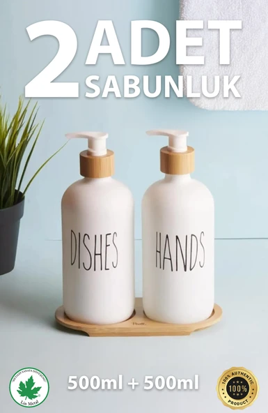 2’li Siyah-Beyaz Mutfak Sıvı Sabunluk Seti 500ml 500ml Bambu Tepsili Oval