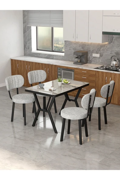 Azra 70x110cm Efes Mutfak Masası, Mutfak Masası Takımı, Yemek Masası, 4 Açık Gri Sandalye