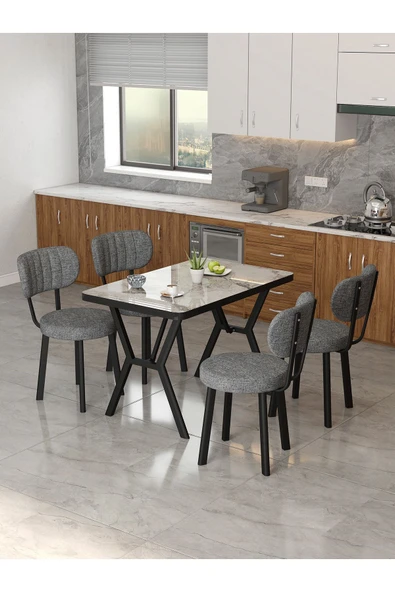 Azra 70x110cm Efes Mutfak Masası, Mutfak Masası Takımı, Yemek Masası, 4 Koyu Gri Sandalye
