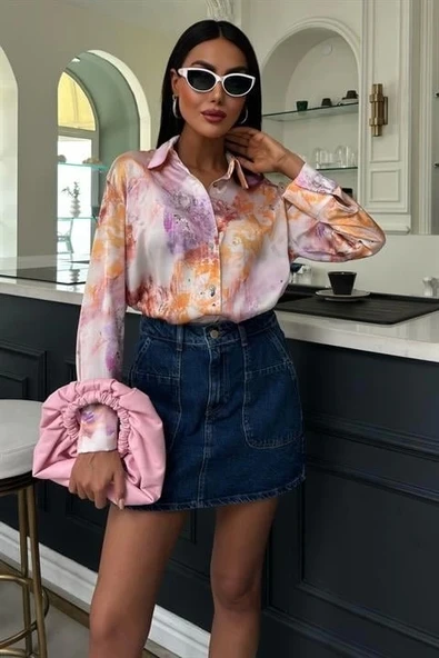 Batik Desenli Saten Gömlek 3409 - 7