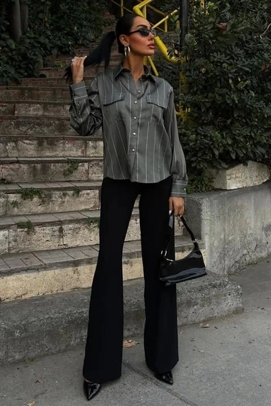 Chanel Saten Premium Çizgili Gömlek 3411