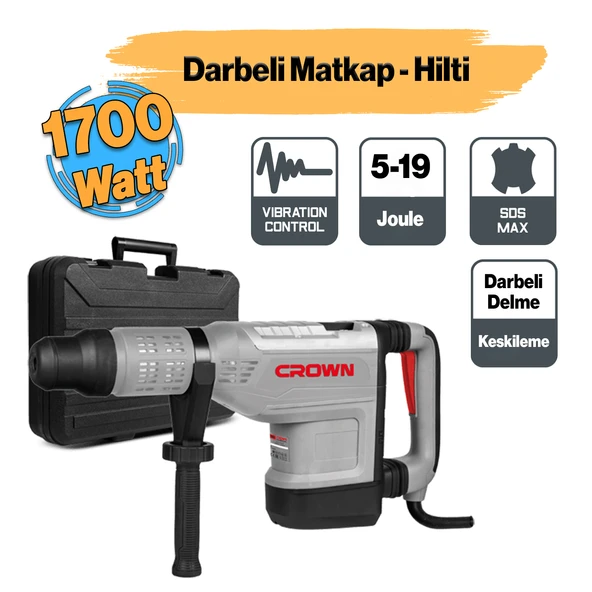 Crown CT18190 Kırıcı Delici Hilti 12 Kg Darbeli Matkap 1700 W Metal Beton Kömürlü Delme 19 Joule Güç