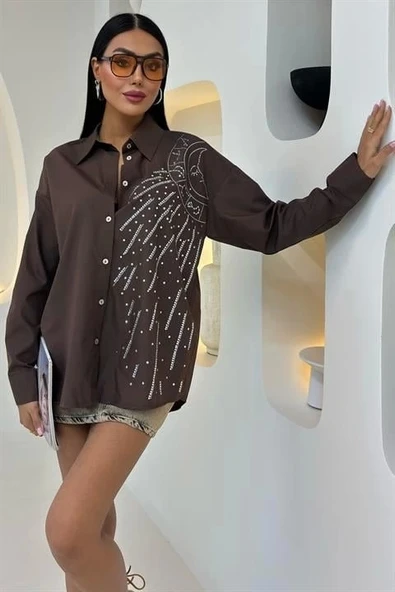 Ay Figürlü Taş İşlemeli Poplin Gömlek 3440 - Resim 7