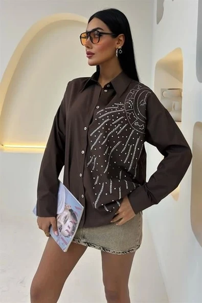 Ay Figürlü Taş İşlemeli Poplin Gömlek 3440 ürün görseli